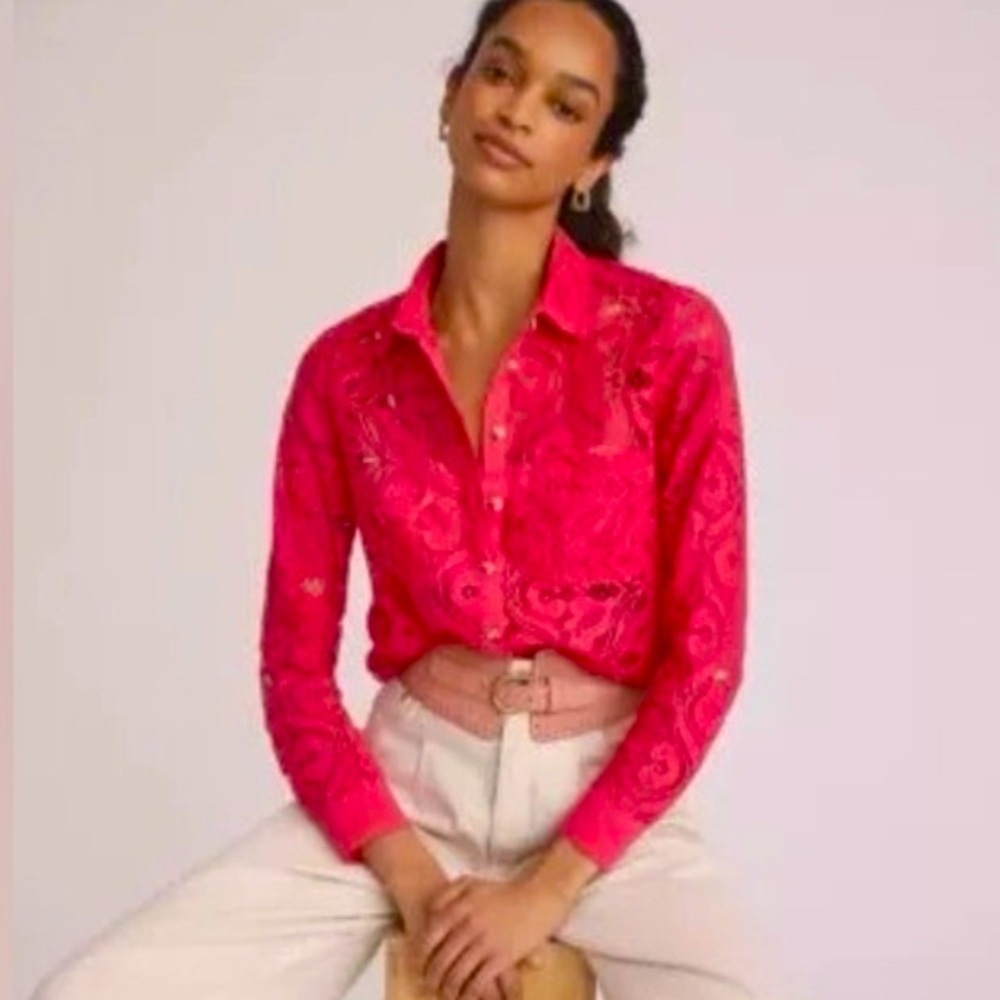 Anthropologie lace eyelet button down shirt - Hot Pink Size 2